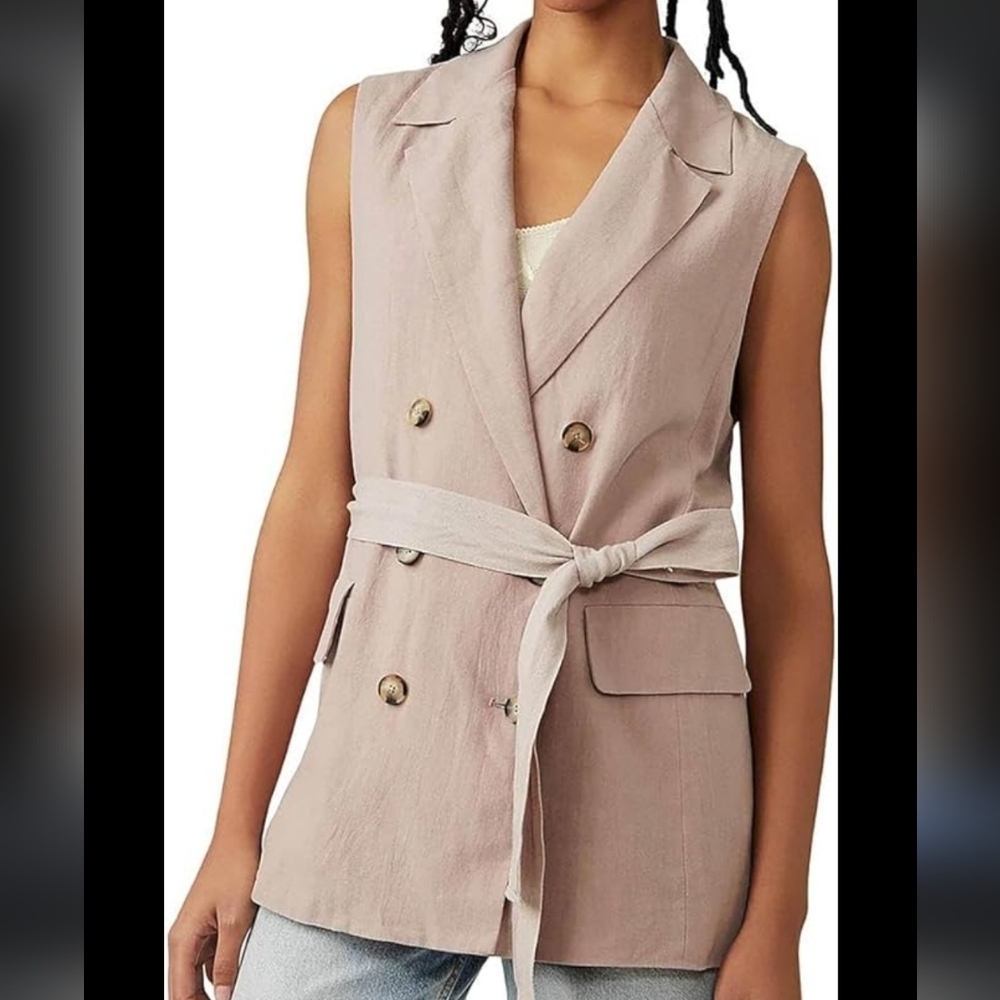 Free People vest linen mauve long button belted size medium - Picture 7 of 9